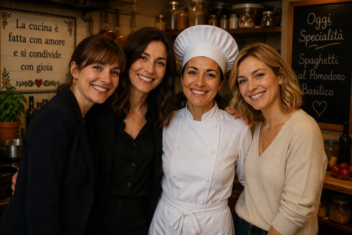 Quattro donne sorridenti in cucina, una con giacca bianca e cappello da chef.