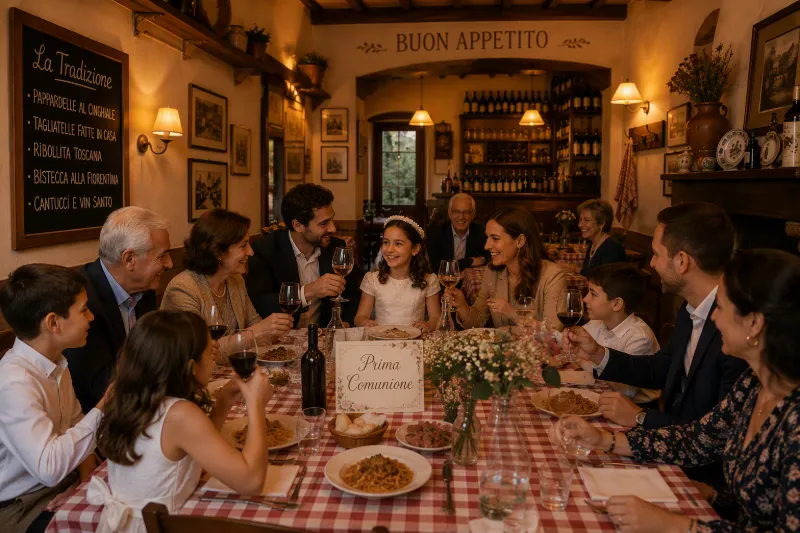 Famiglia riunita al ristorante per una Prima Comunione, tra piatti di pasta e calici alzati.