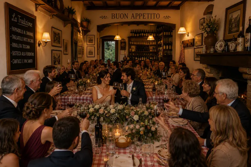 Sposi e invitati brindano a una tavolata decorata con fiori in un ristorante rustico.