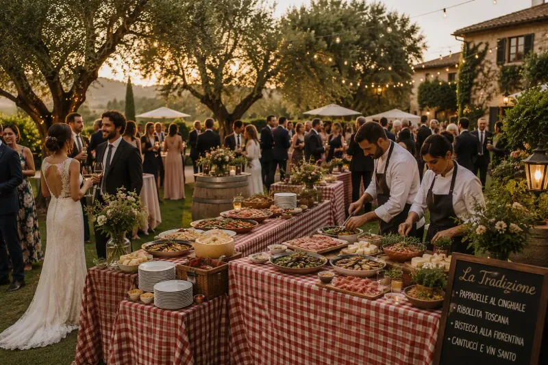 Buffet all’aperto con camerieri, tavoli imbanditi e invitati eleganti in un giardino illuminato da lampadine.